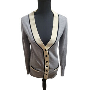 Halogen Gray Black Cream Button Down 100% Merino Wool Cardigan, Sz S
